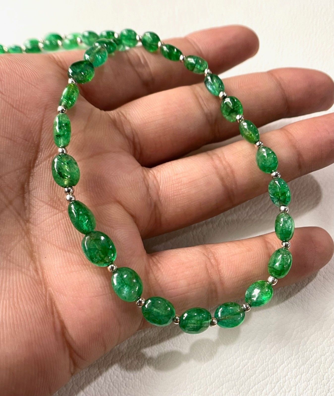 Natural Zambian Emerald Smooth Oval Beads Gemstone Necklace , Beads Gemstone