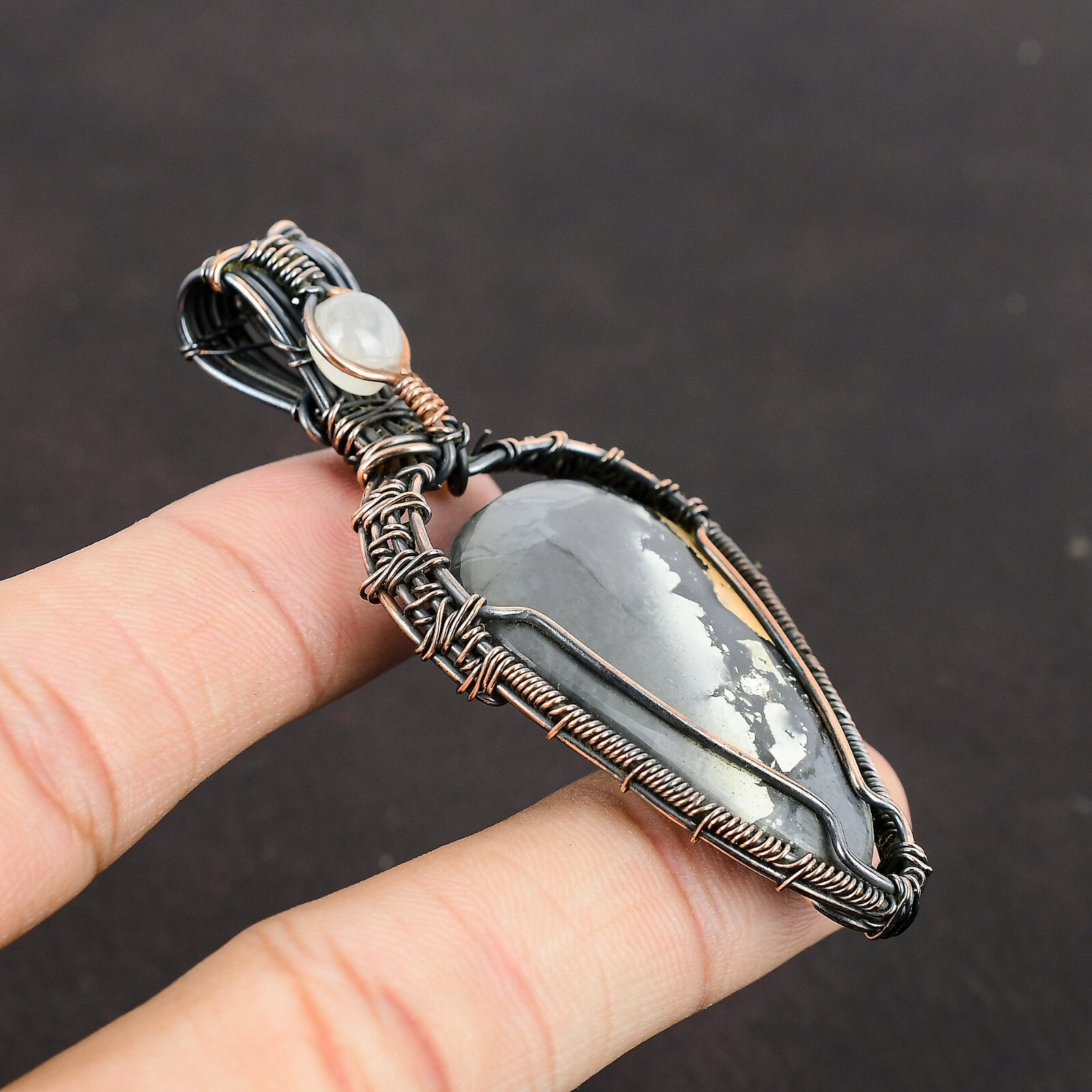 Maligano Jasper Gemstone Jewelry Copper Mother Gift Wire Wrapped Pendant 2.91″