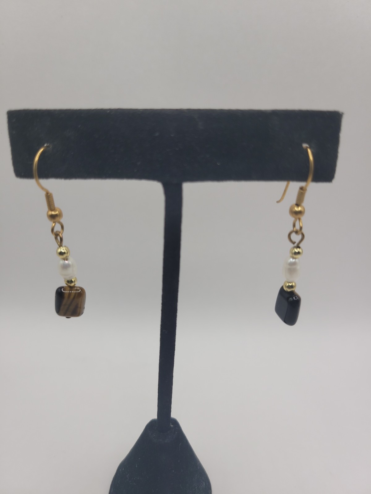 Handmade Brown Black & White Beaded Dangle Earrings Gold Tone Fishhook Boho