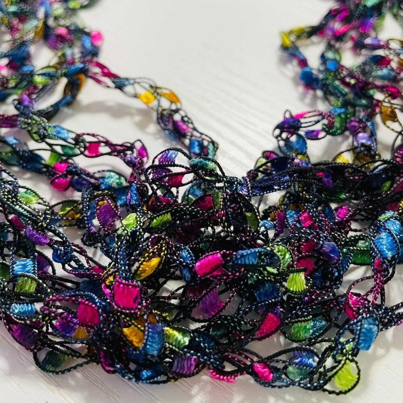Multicolor 6 Strand Ribbon Yarn Boho Festival Necklace Feather Light
