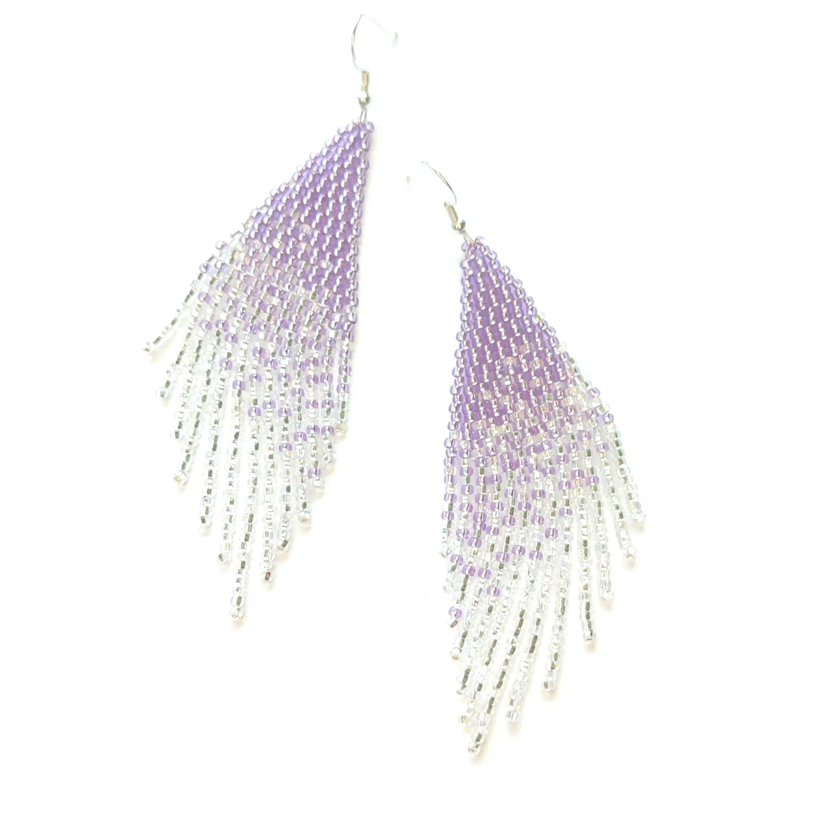 Ombre Beaded Fringe Earrings: Purple Silver Boho Dangle Jewelry