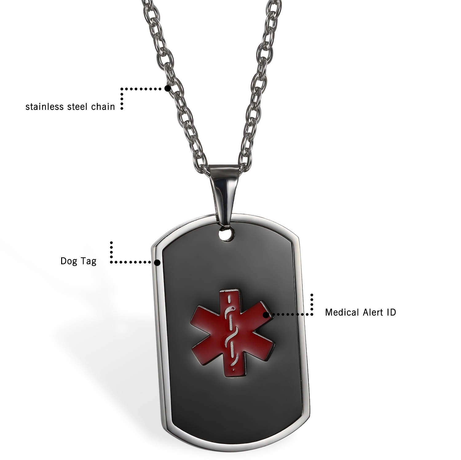 Men’s Stainless Steel Medical Alert ID Dog Tag Pendant Necklace Free Engraving