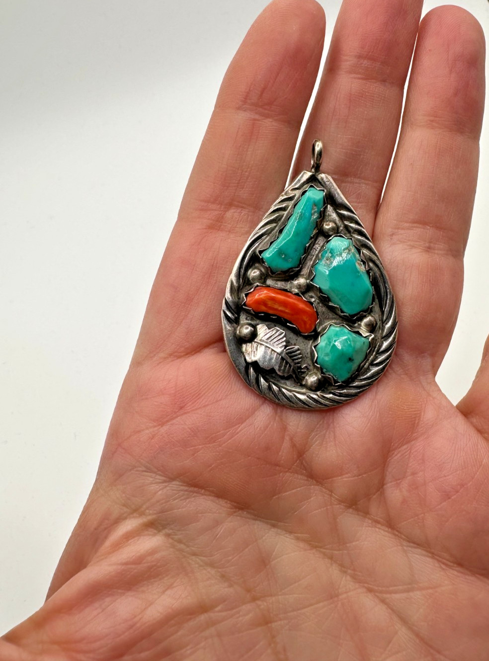 Vintage Cheama Zuni Sterling Silver Turquoise Red Coral Pendant 925 10.4 grams