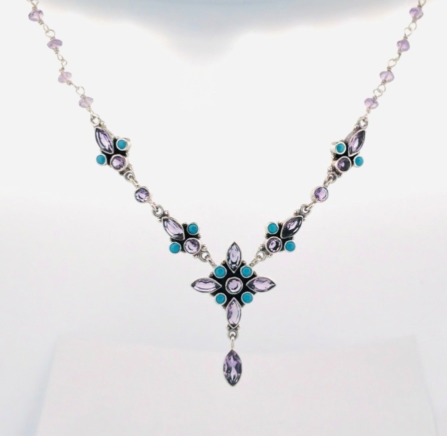 Estate 925 Sterling Silver Amethyst Turquoise Floral Necklace 20″ India Gift