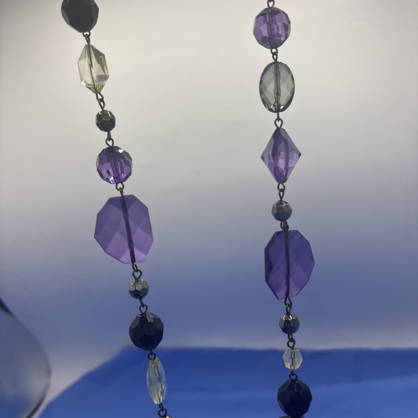 Plastic Beaded Statement Necklace Purple Gray Yellow Black Faceted Beads 24”
