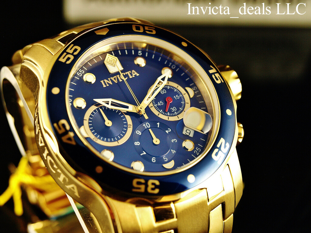 Invicta Men’s 48mm Pro Diver SCUBA Chronograph Blue Dial 18K Gold Plated SS Watc