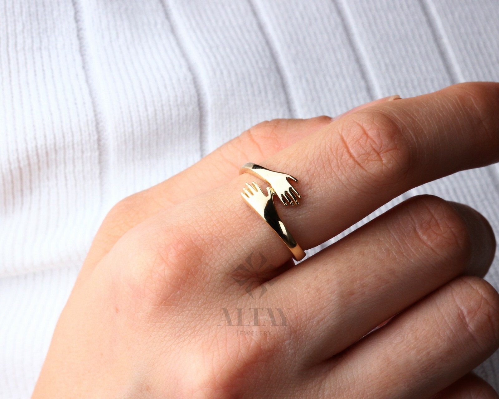 14K Gold Hug Ring, Unique Love Hugging Hands Ring, Hug Gold Ring, Dainty Hand