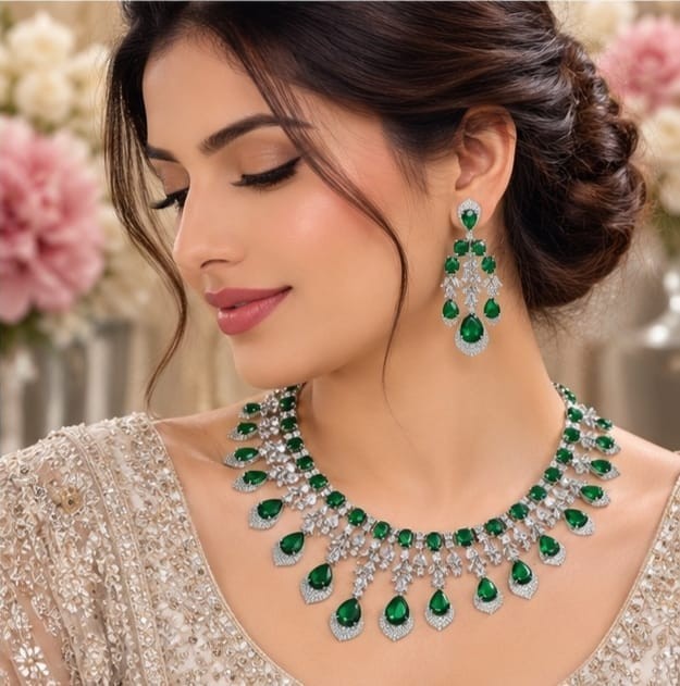 Emerald Green Crystal Necklace Set Luxury Statement Earrings Women Jewelry Gift