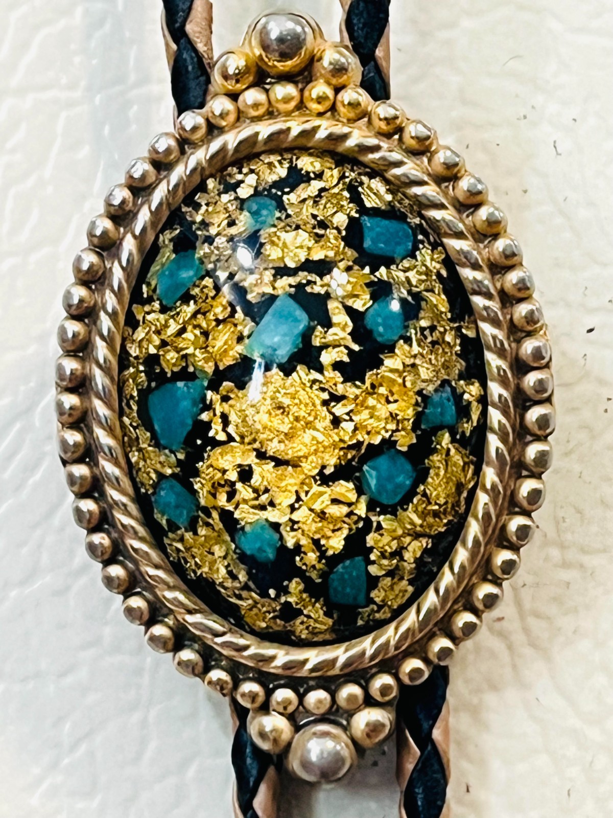 Vintage Mid Century Lucite Turquoise Chips Gold Flake Foil Western Bolo Tie MCM