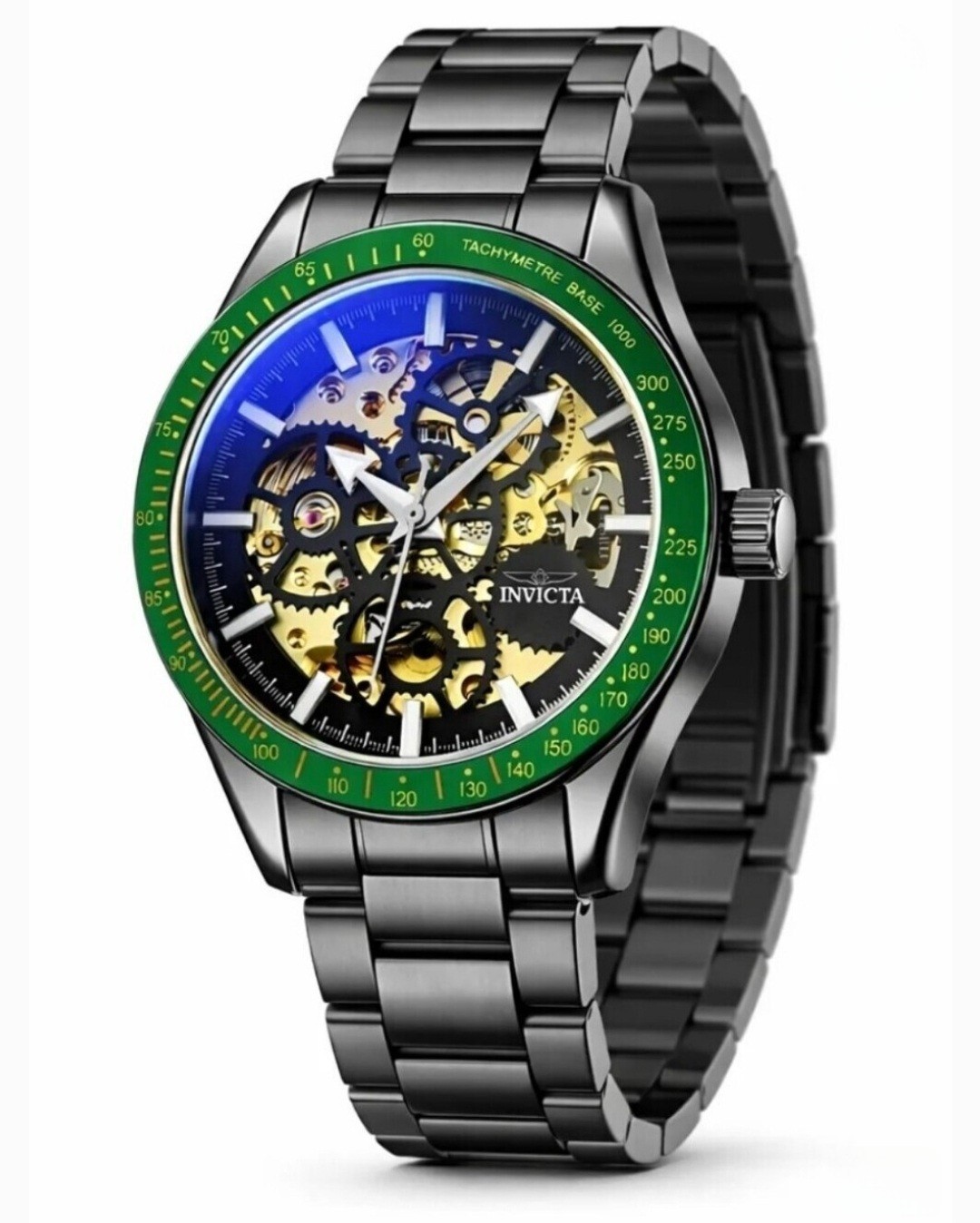 Invicta Men’s Automatic Skeleton Dial Tachymeter Green Bezel Watch Box+Manual