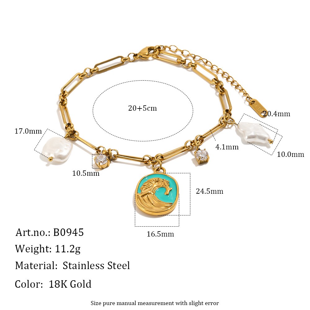 18K Gold Plated French style Wave Enamel Imitation Pearl Bracelet Necklace Set