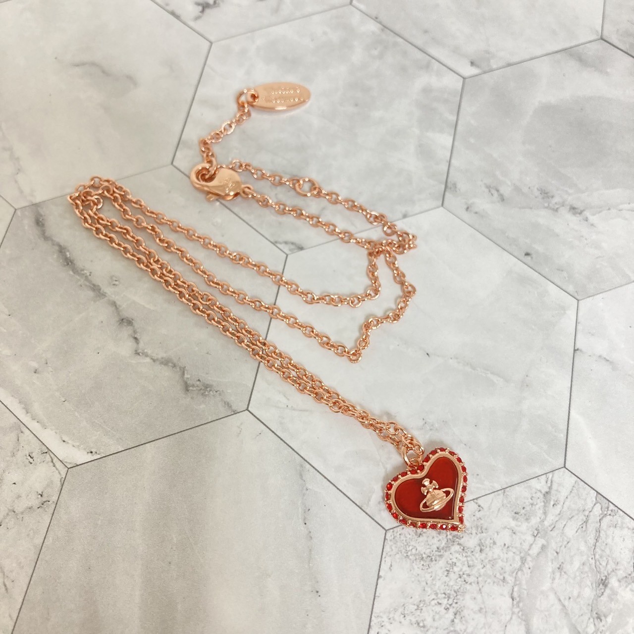 Vivienne Westwood Necklace PETRA Heart Red Rose Pink Gold w/Pouch NO BOX