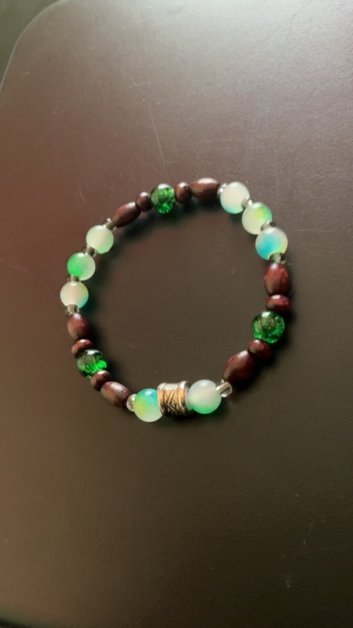 Handmade Brown/Green/Blue/White Glass & Wood Beaded Bracelet #112, No Clasp