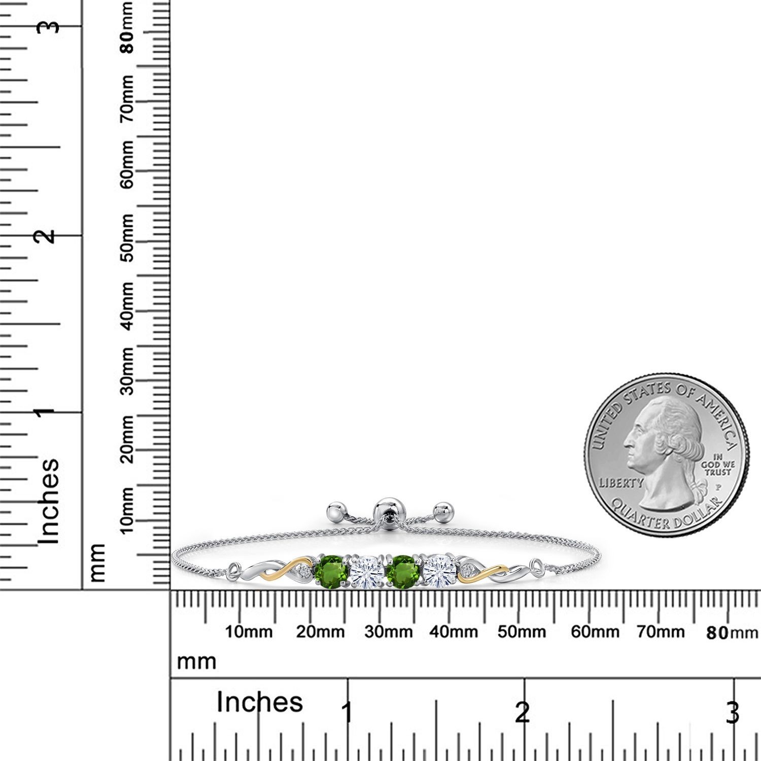 925 Silver and 10K Yellow Gold Green Chrome Diopside and White Moissanite and