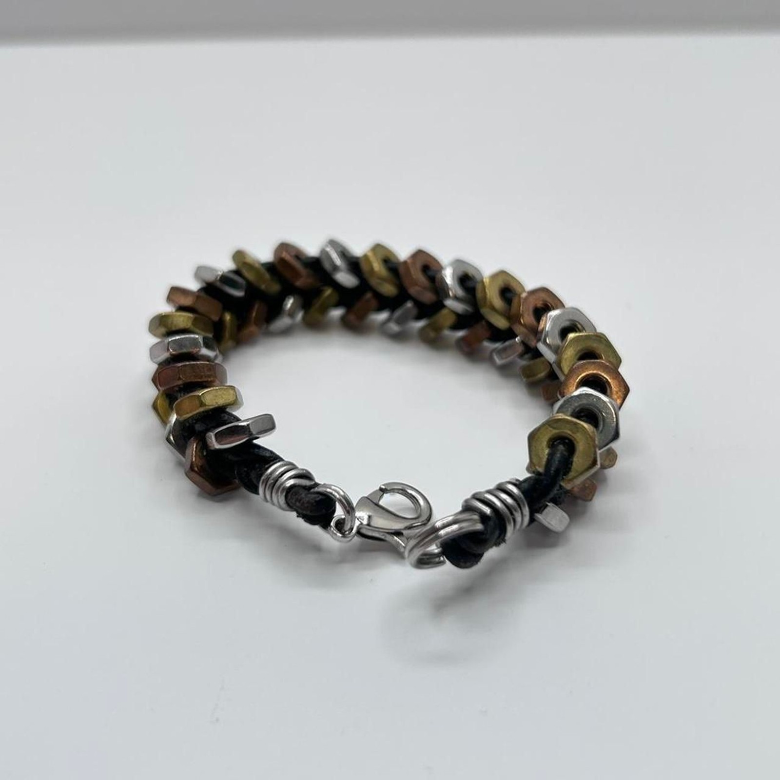 Mixed Metal Industrial Nut Bolt Bracelet Silver Gold Copper Tone 6”