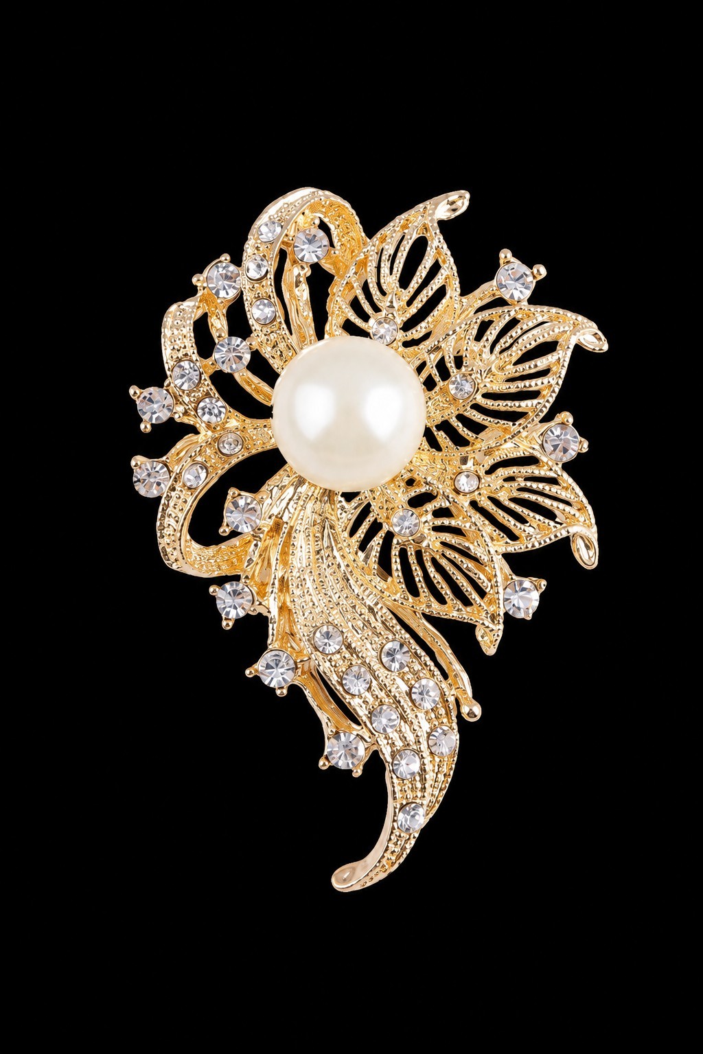 Gold Tone Rhinestone & White Pearl Flower Brooch Pin 6.3cm Cluster Nature