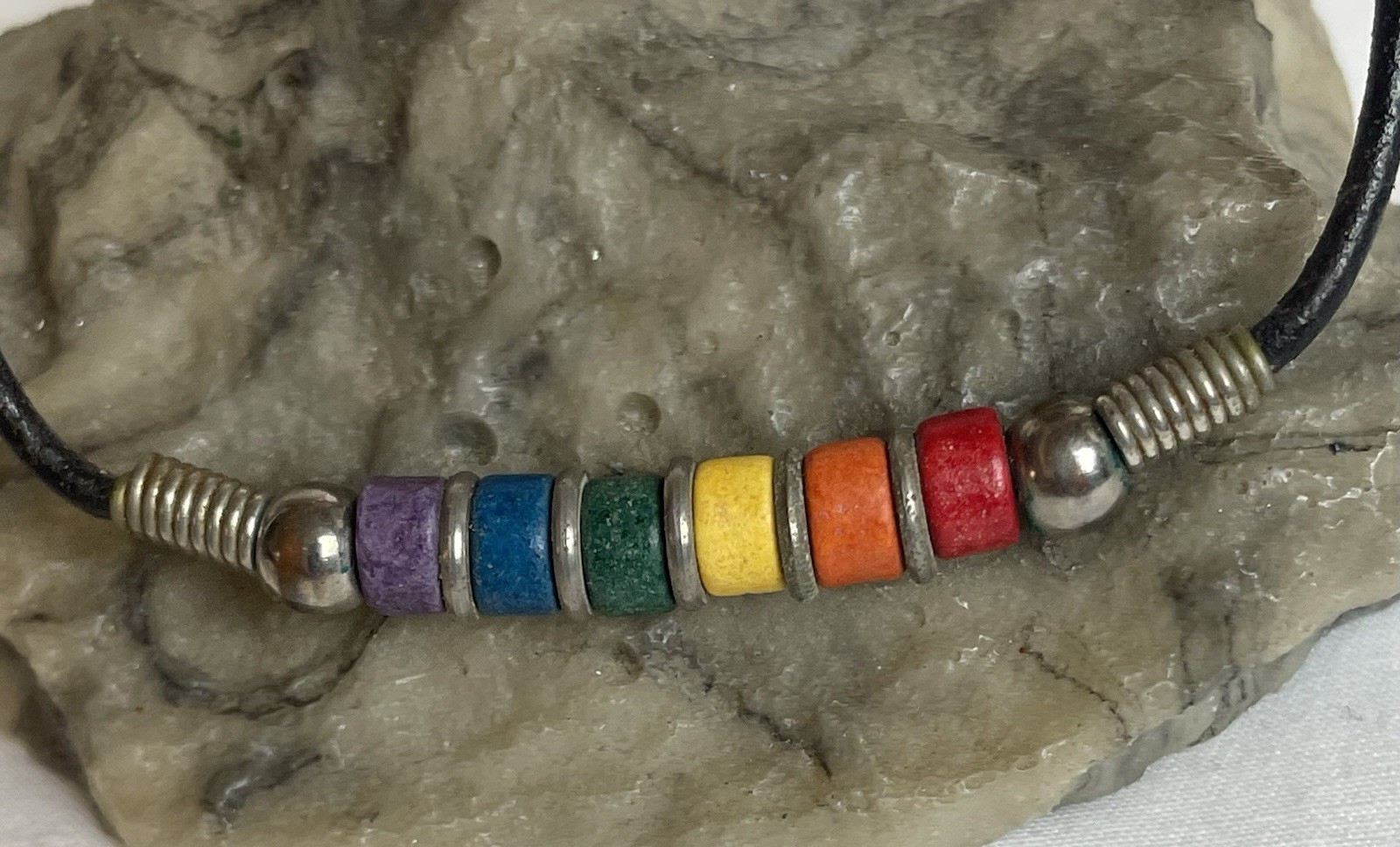 Vtg Real Silver Ceramic Beads Necklace 16” Multicolor Black Leather Cord