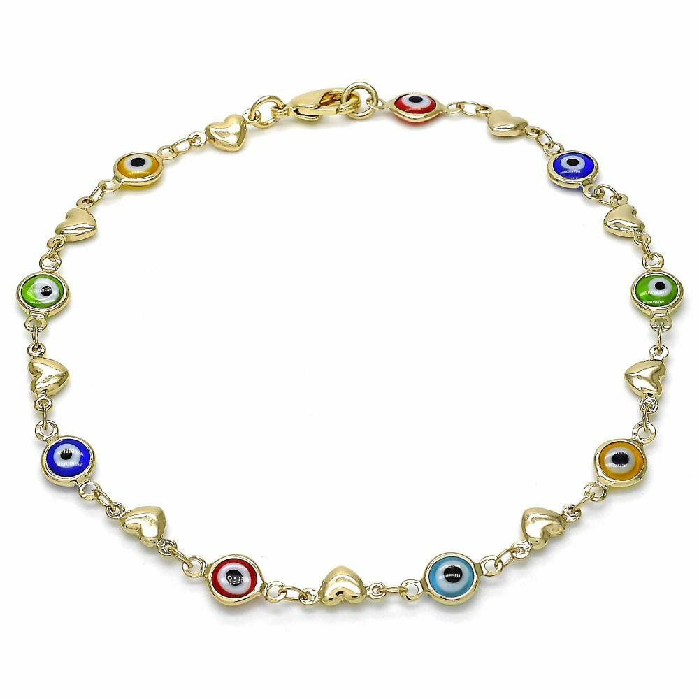 14K Gold Filled Multicolor Evil Eye Heart Anklet Protection Envy 10 inches