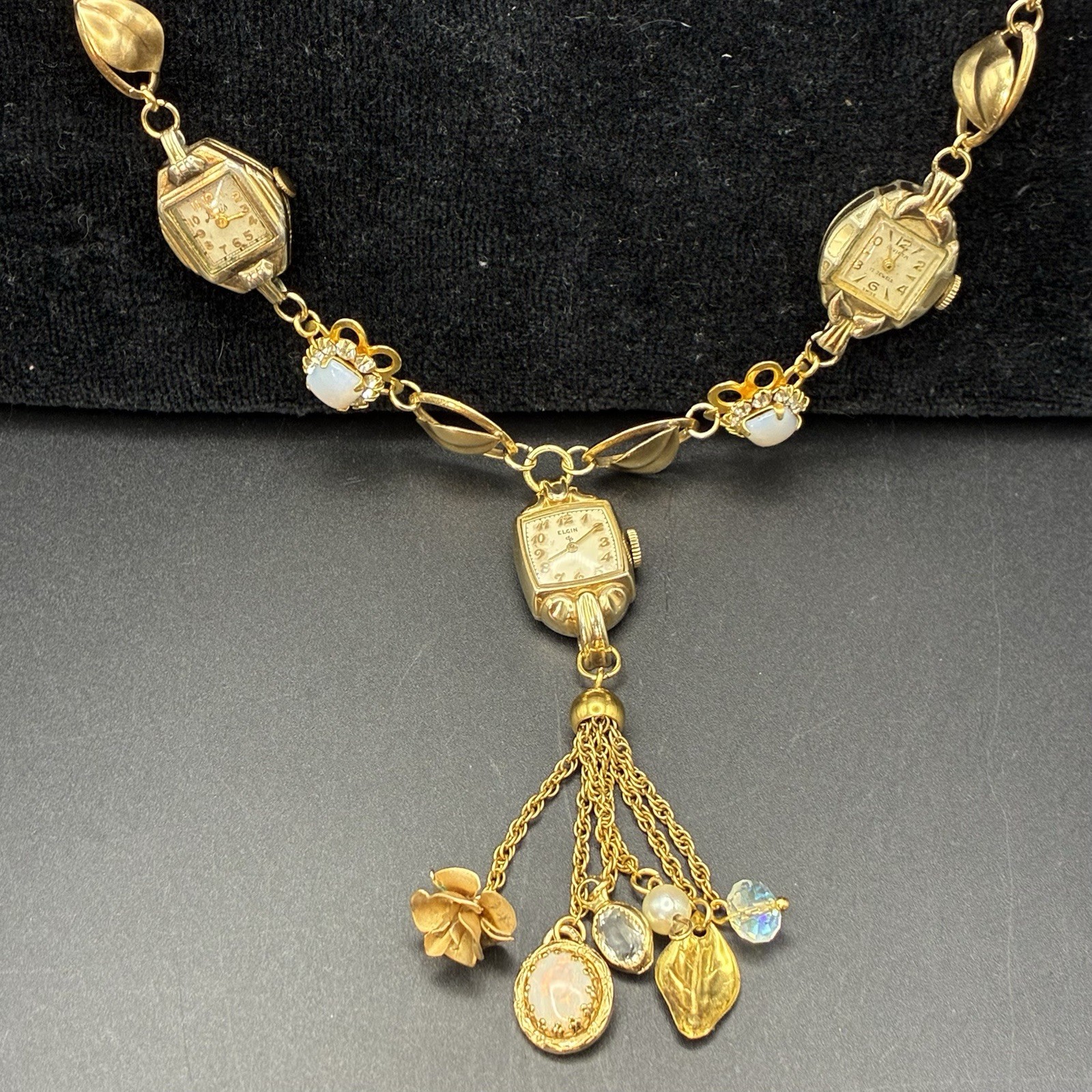 Custom OoaK Vintage Gold Filled Triple Watch Necklace, Opal, Estate Assemblage