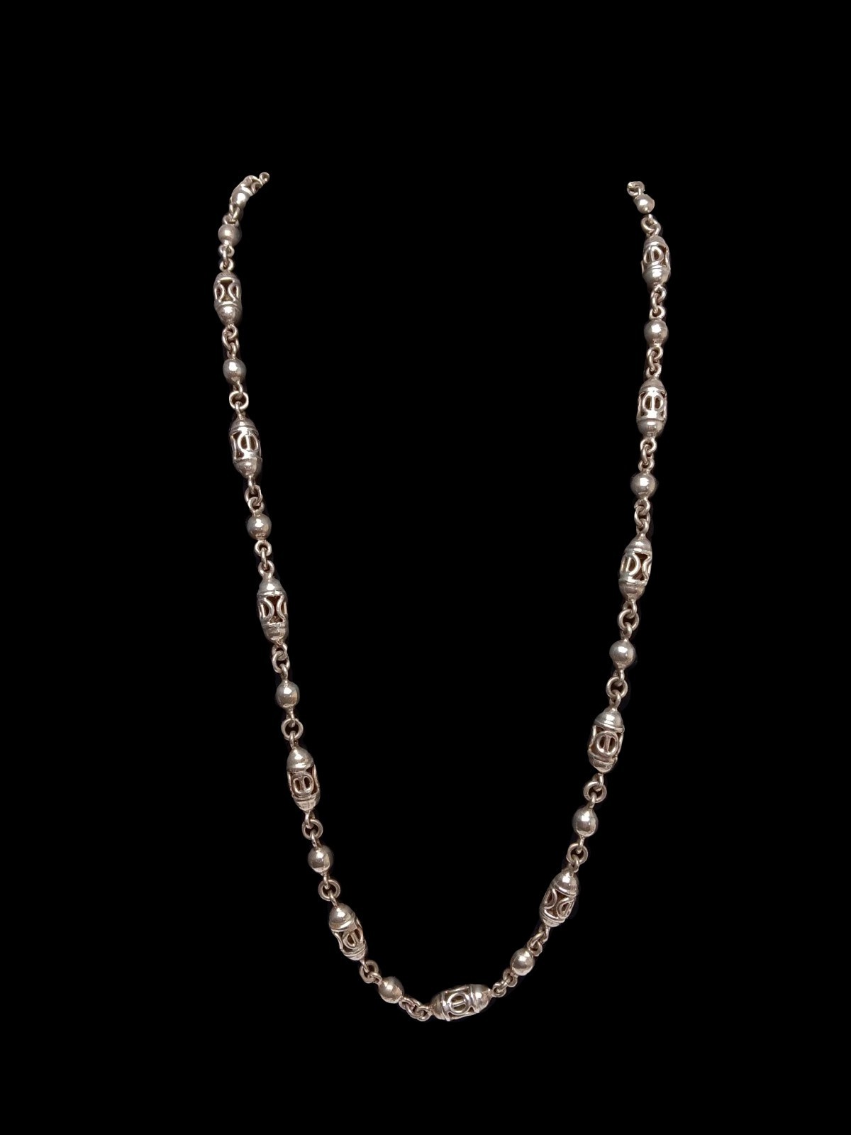 Vintage Sterling Silver Taxco Lantern-Barrel Chain Necklace – 32″ Long, 108g