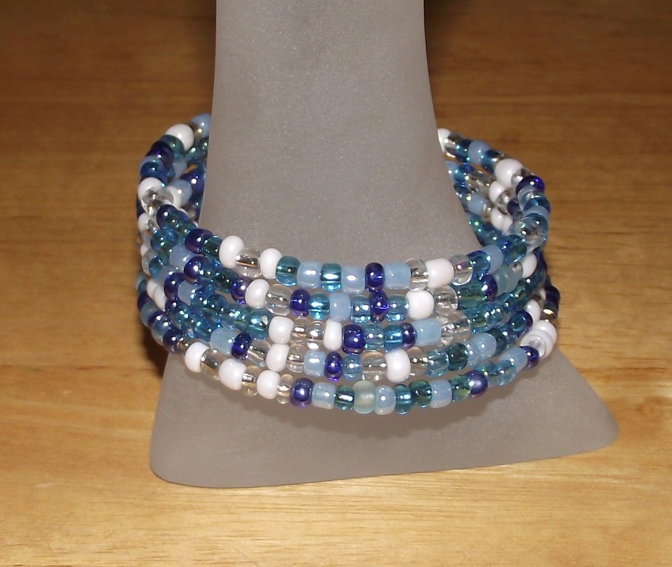 Mix of Blues White & Crystal Beaded Wrap / Coil Bracelet USA Made – Glass Beads