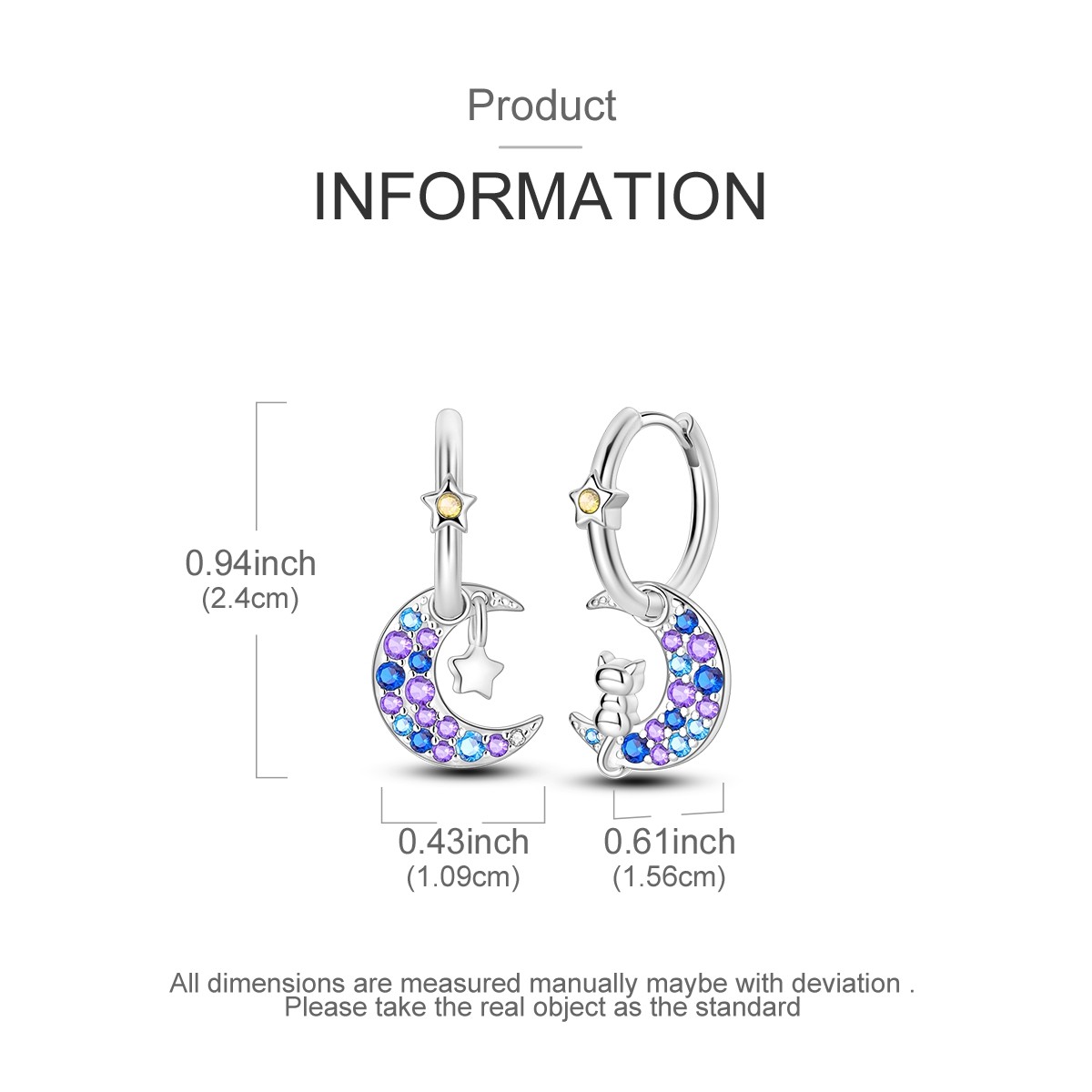 LAZA European Women 925 Sterling Silver Hoop Earrings CZ Star Moon Cat Jewelry
