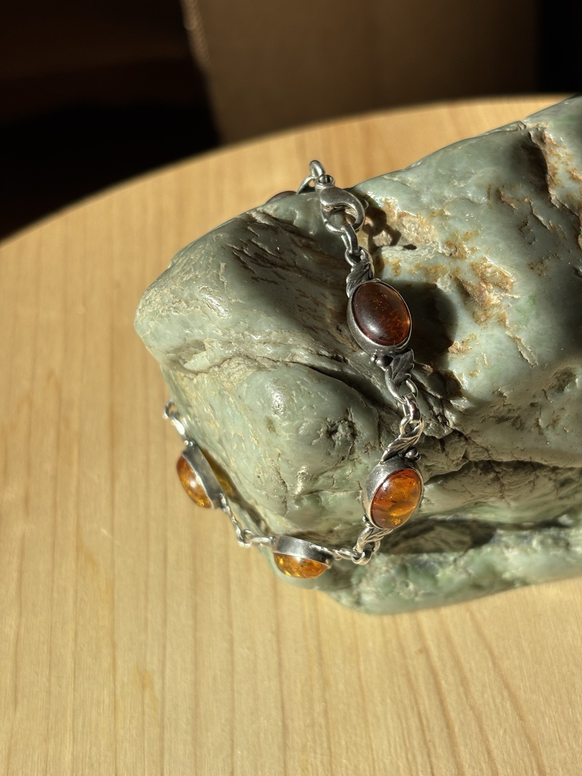Vtg 925 Sterling Oval Cognac Amber Stones Link Leaf Chain Bracelet 7 Inches 10g