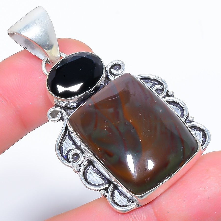 Natural Polychrome Jasper & Black Onyx 925 Silver Plated Pendant 2.1″ F2556
