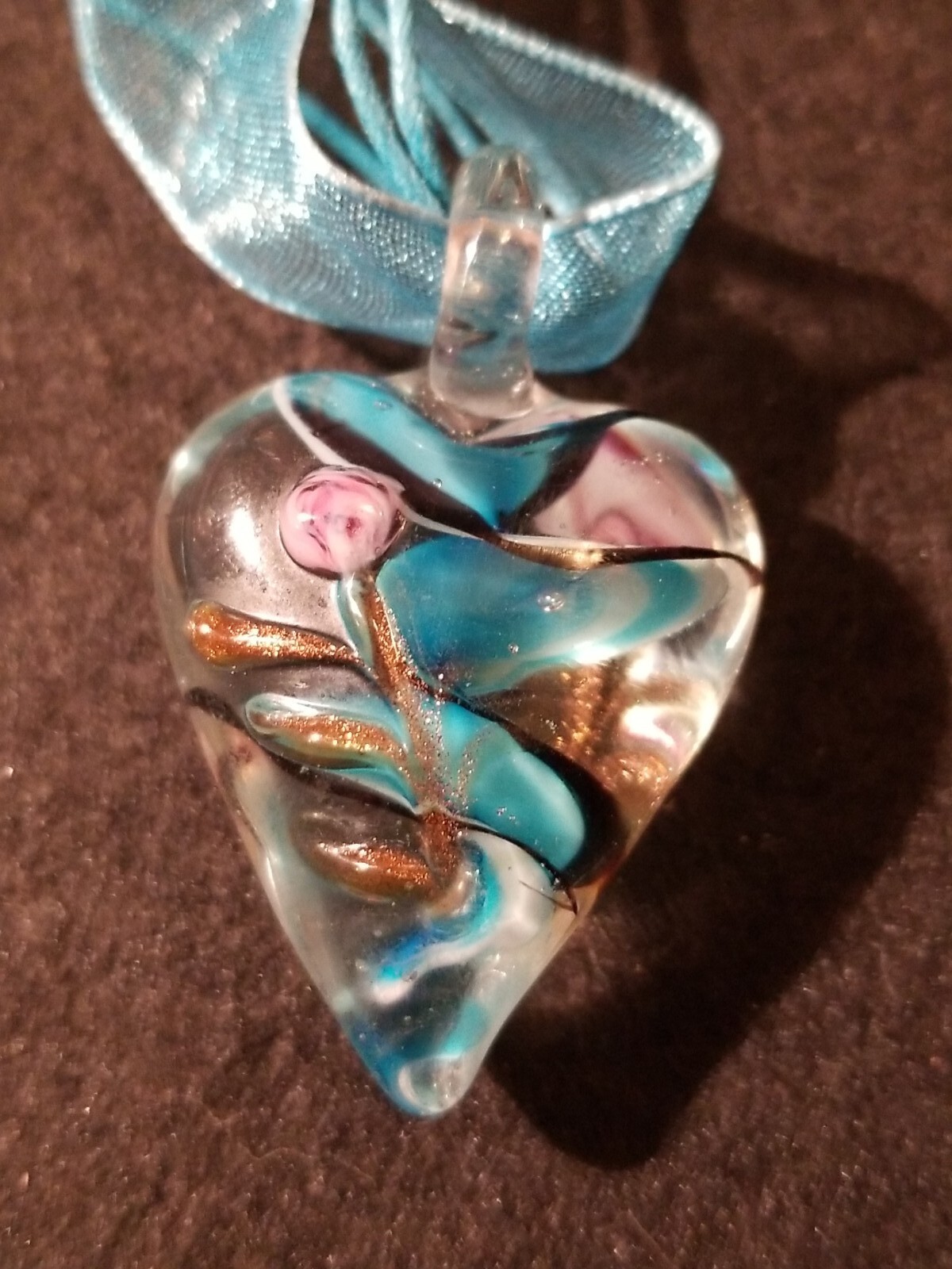 Blown Glass Necklace & Le Chateau Earrings Set Blue Swirl w/ Rose On Ribbon