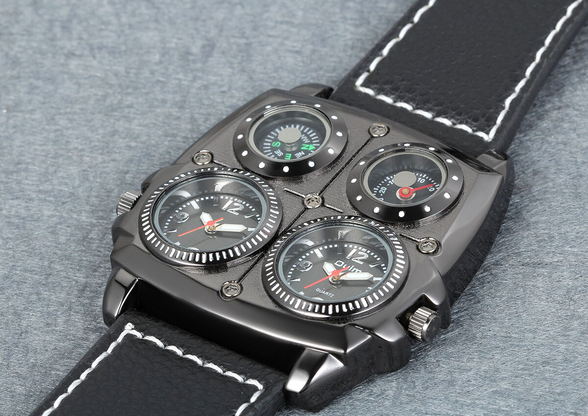 Military Army Dual Time Zones Movements Quartz Watch Black Leather Sports Mens
