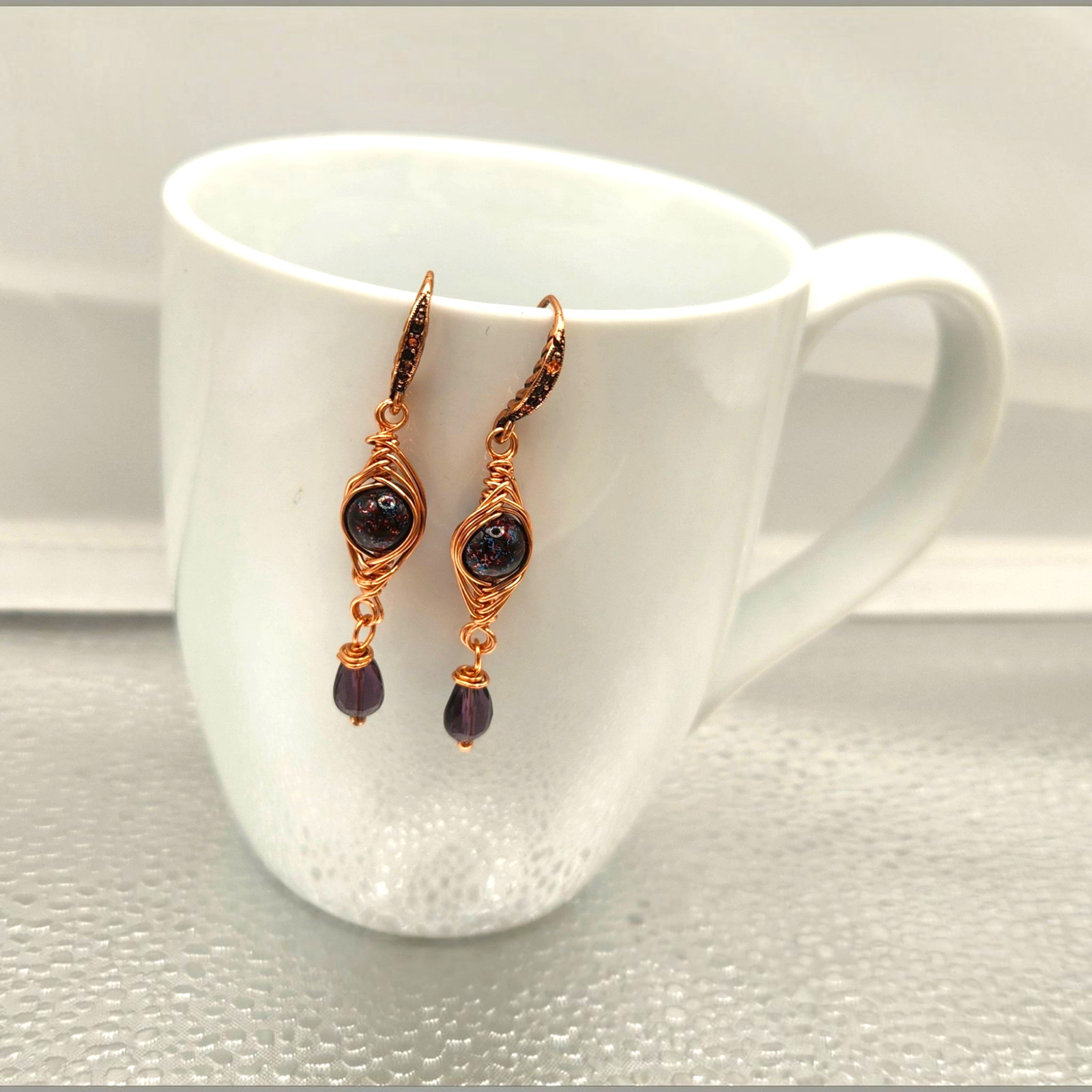 Handmade Stone Herringbone Wire Wrapped Dangle Earrings Gold Silver Bronze