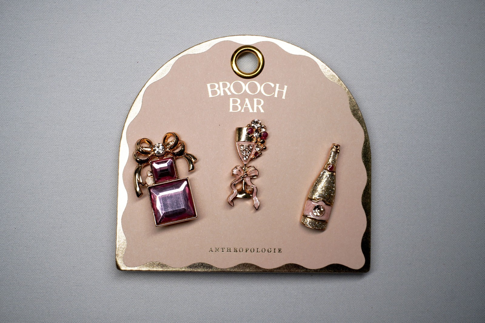 Anthropologie Brooch Bar Set of 3 Pins – Champagne & Perfume Bottle Theme (NWT)