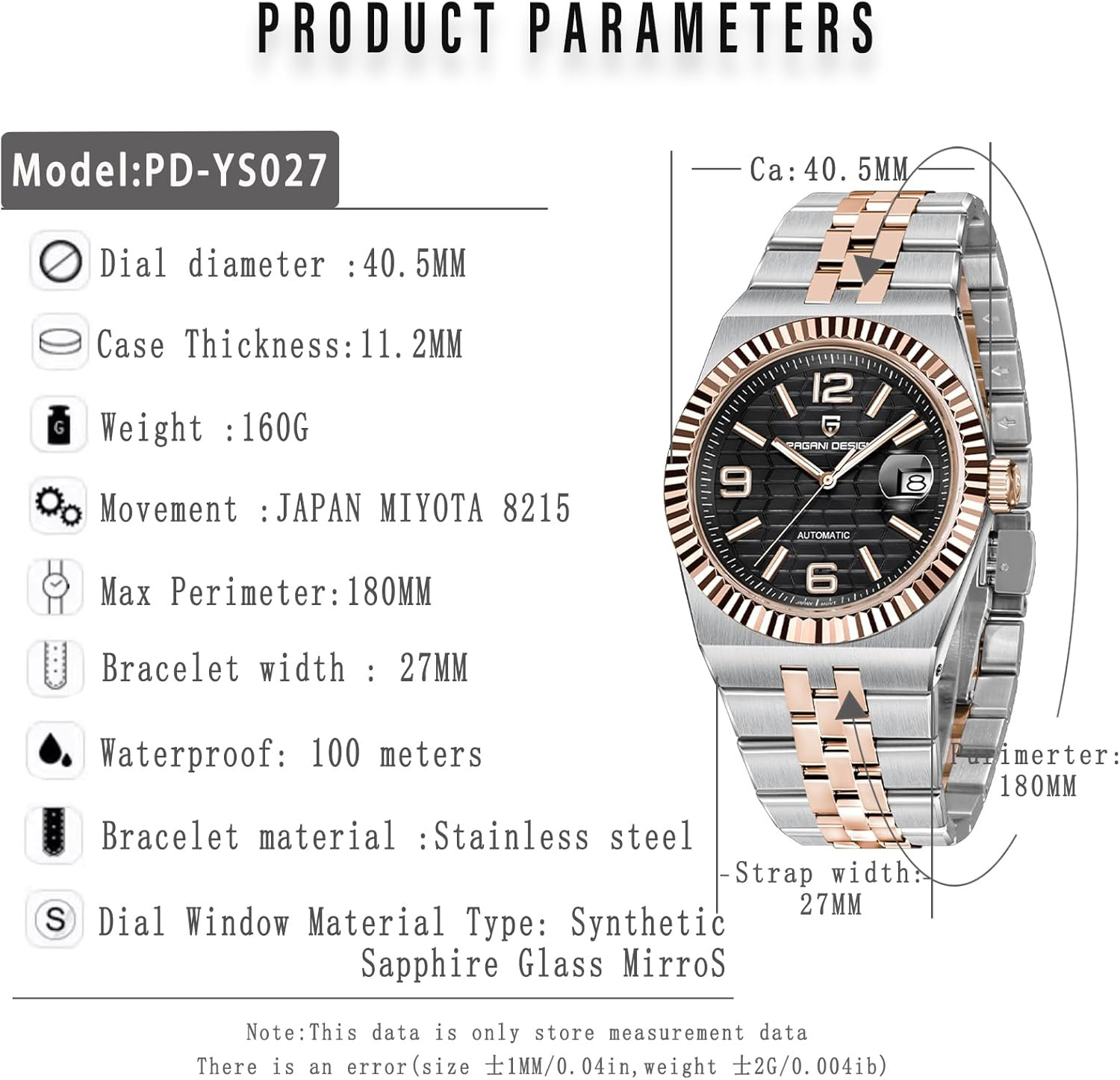 Men’s Luminous Japanese Automatic Watch, 10ATM Waterproof, Stainless Steel
