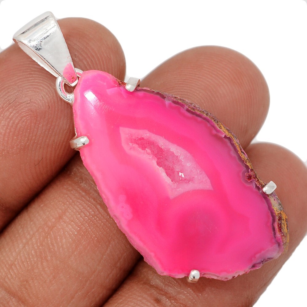 Treated Fleece Pink Quartz Stalactite Slice 925 Silver Pendant Jewelry CP69659