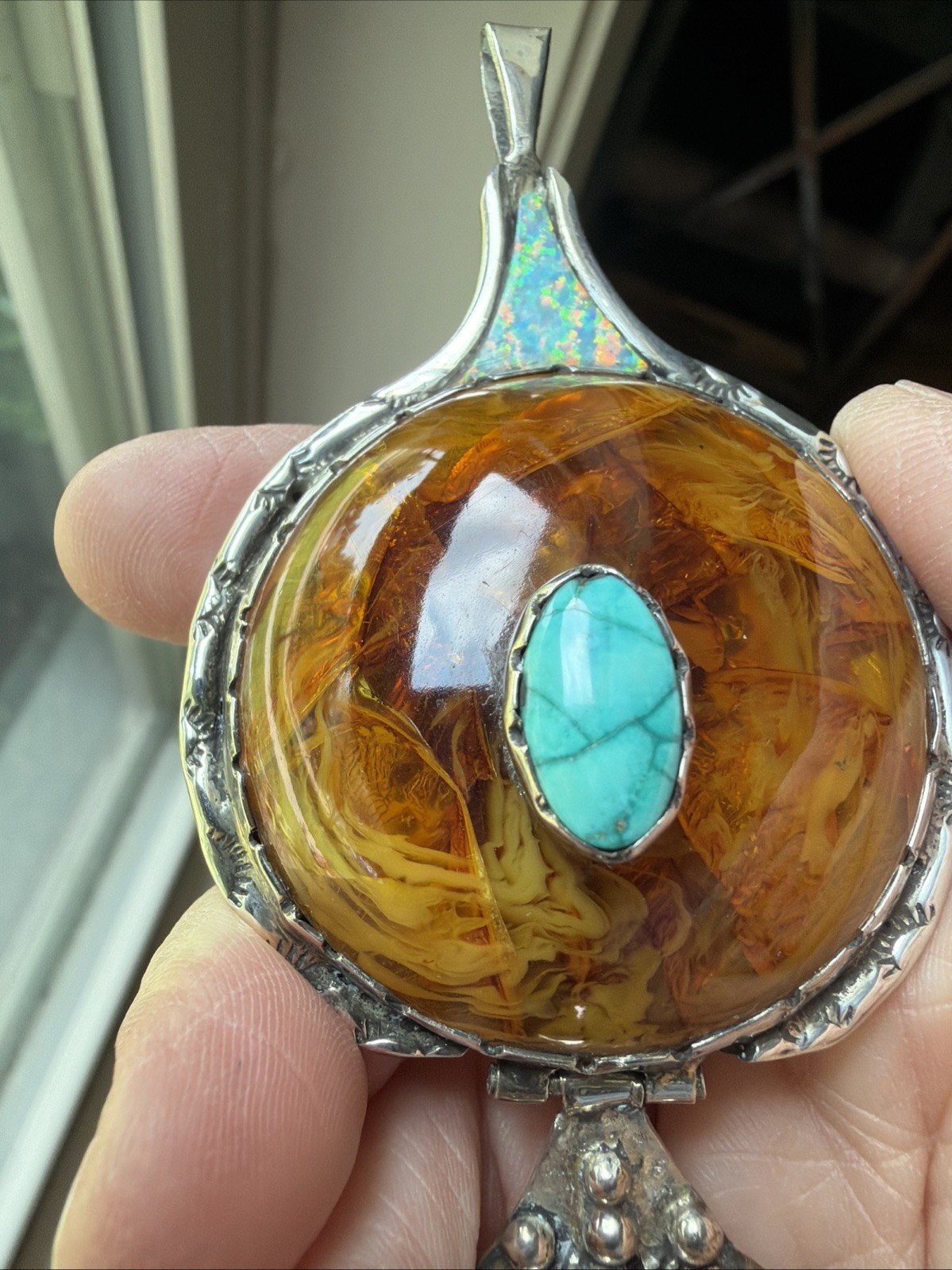 Vintage Native American Sterling Amber & Turquoise Pendant Beautiful Unique RARE
