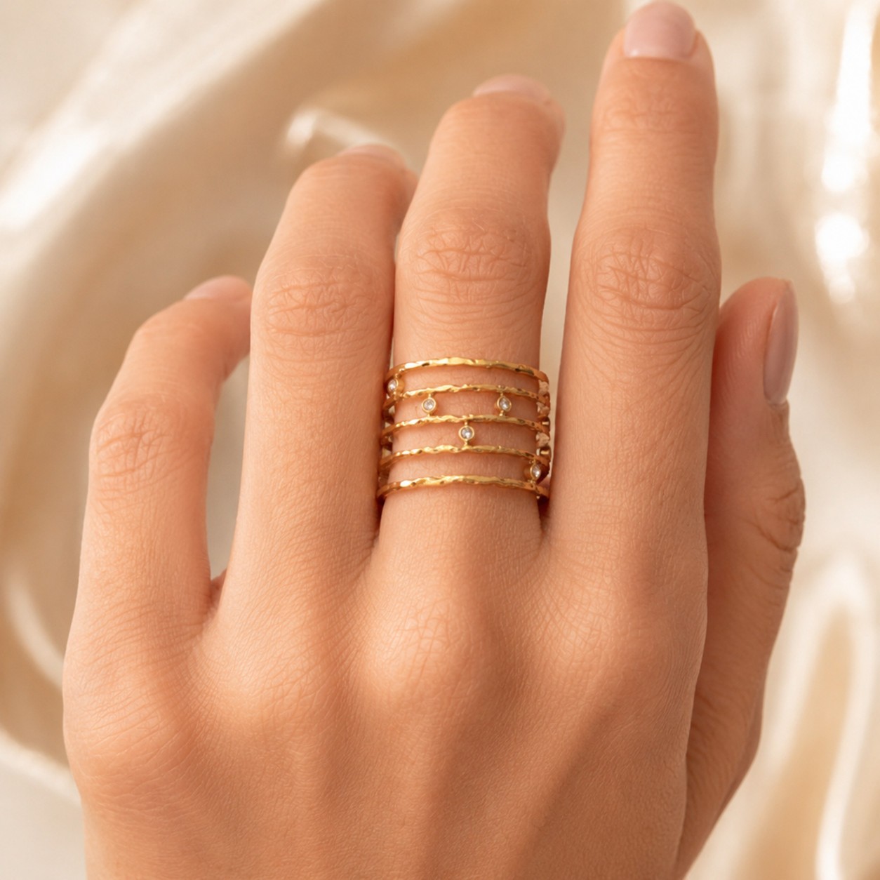 Gold Plated Stainless Steel CZ Open Cuff Ring Hammered Adjustable Jewelry