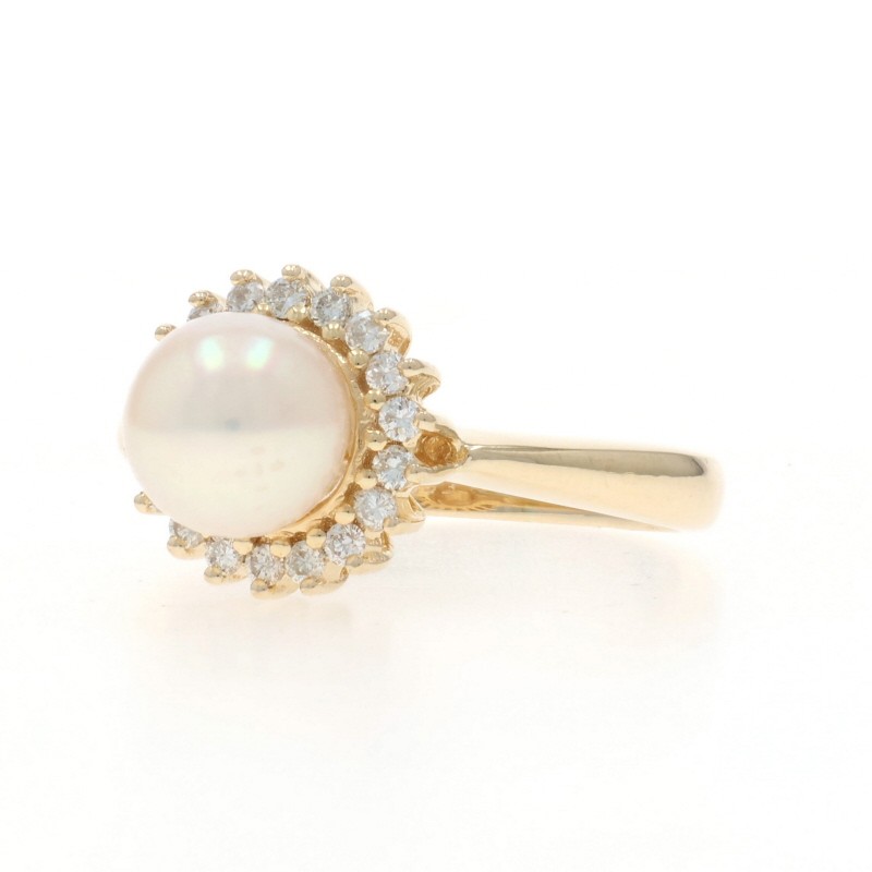 Yellow Gold Pearl Diamond Halo Ring – 14k .20ctw