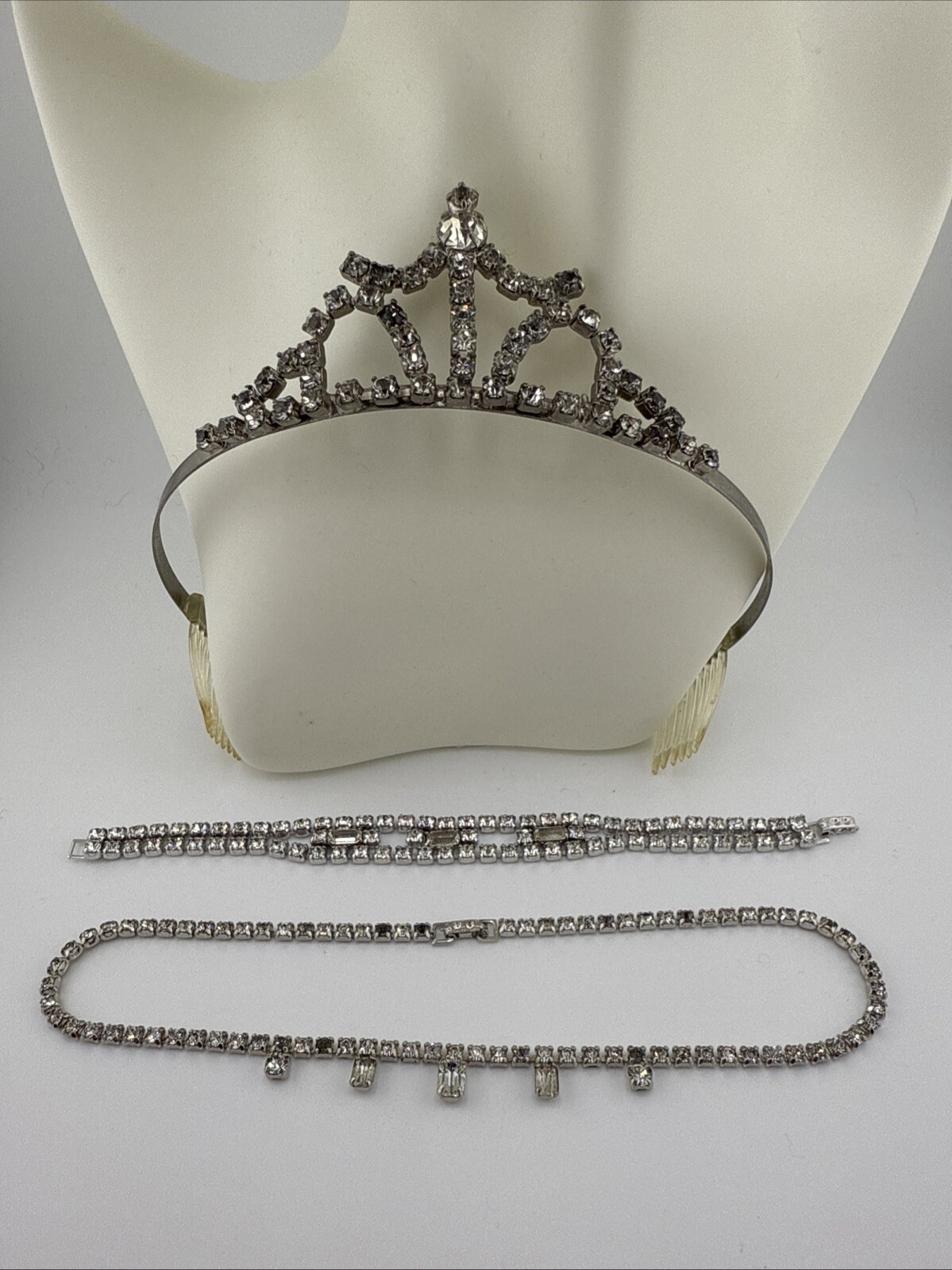 S & G Fifth Avenue Rhinestone Art Deco Silver Tone Tiara Necklace & Earring Set