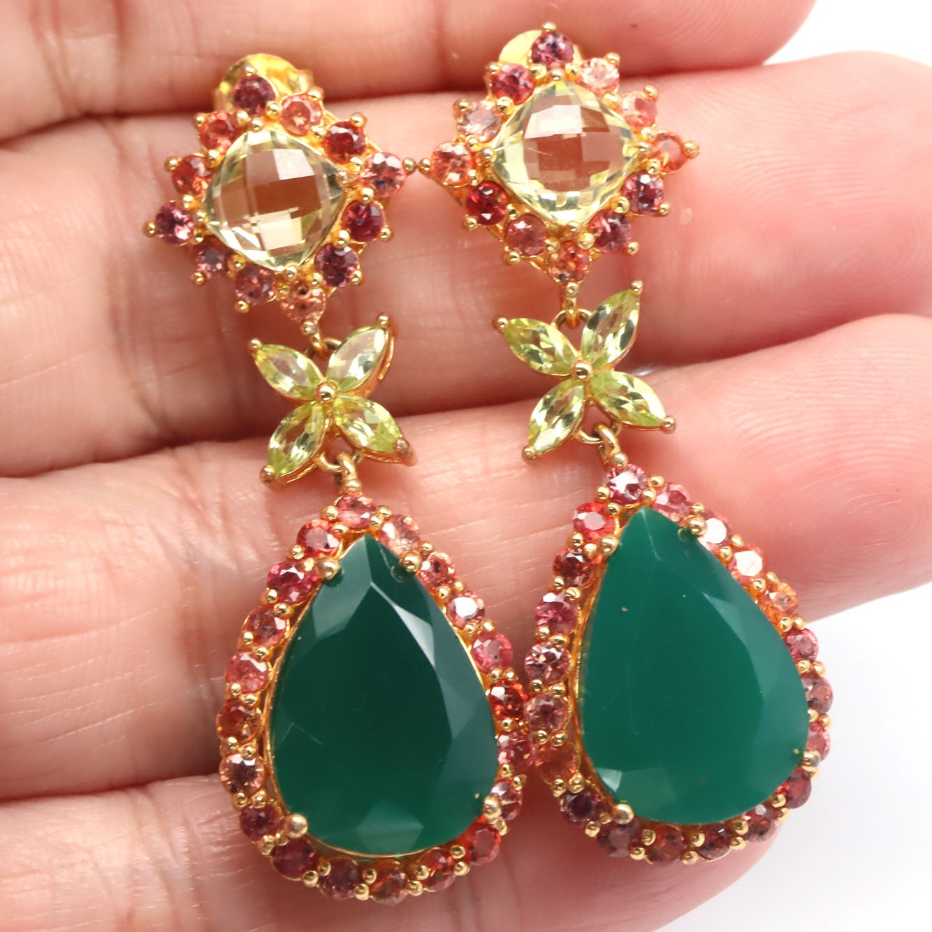 925 Sterling Silver 12 x 18 MM. Green Agate, Quartz, Peridot & Sapphire Earrings