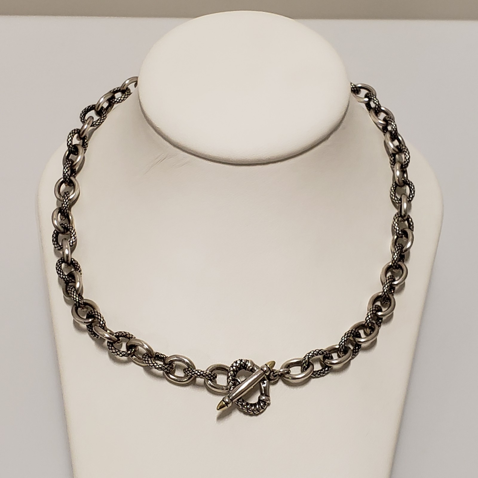 Ann King Sterling Silver 14k Gold Textured Link Toggle Necklace 18″