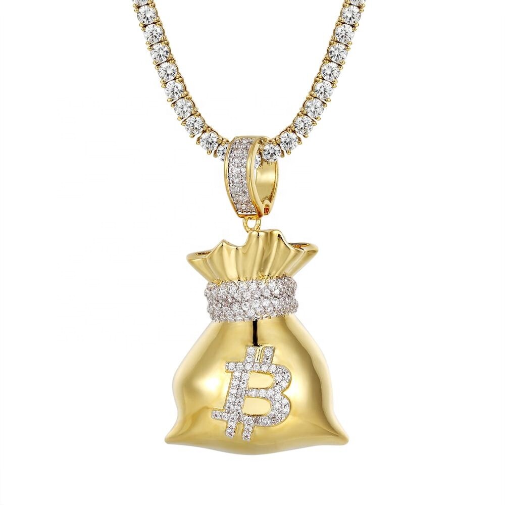 Bitcoin Cryptocurrency Pendant Necklace Gold Plated – Bitcoin B Sack with Zircon