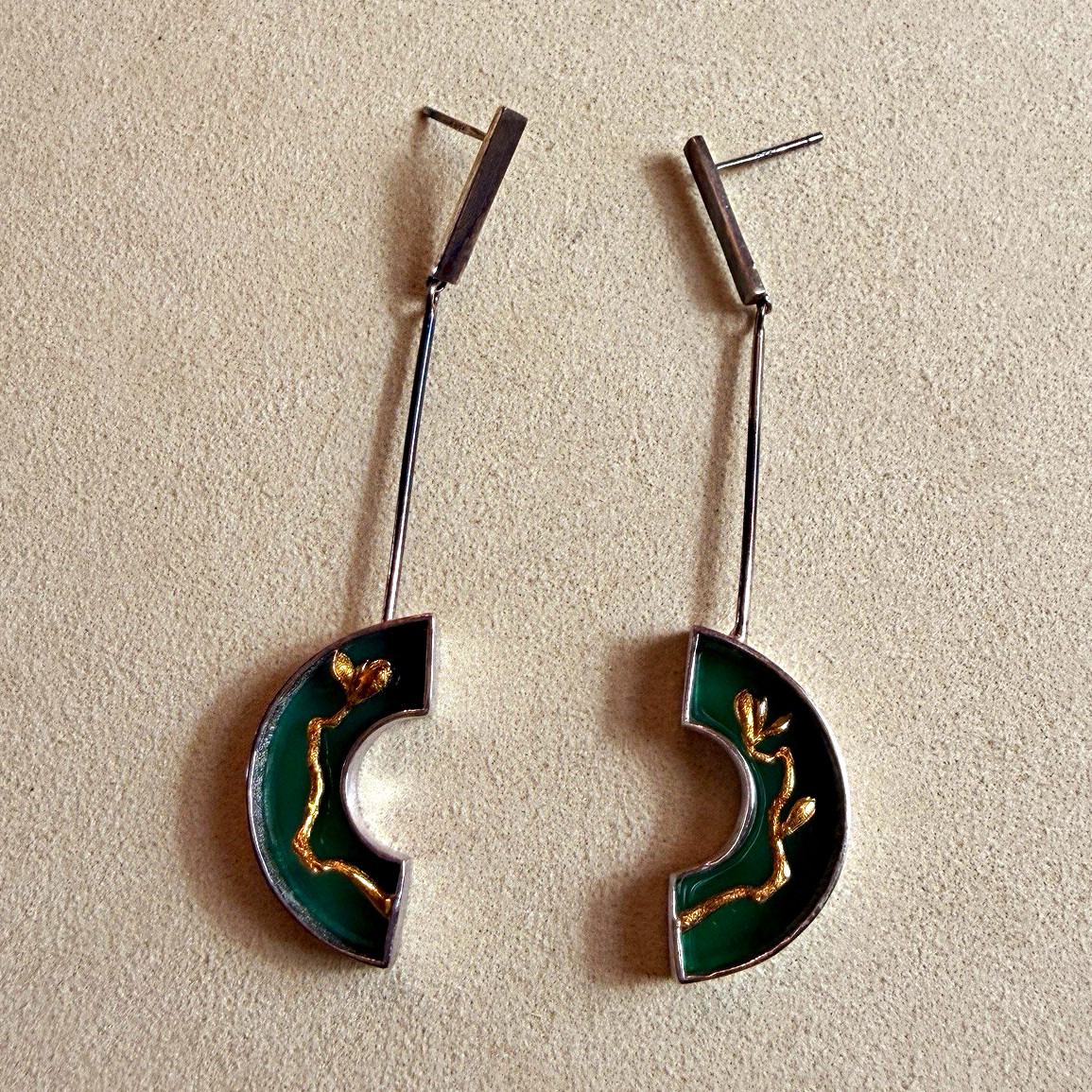 Artisan Signed 925 Sterling Silver Green Floral Crescent Dangle Earrings