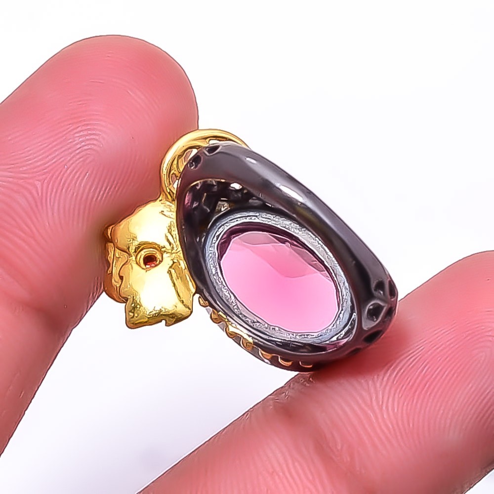 Pink Rubellite Tourmaline Black And Gold Plated 925 Sterling Silver Ring s.6 R9