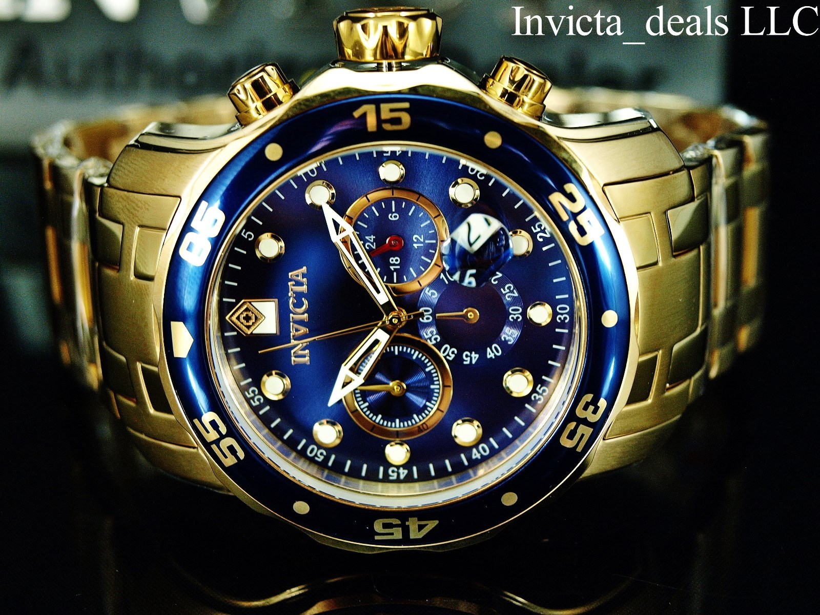 Invicta Men’s 48mm Pro Diver SCUBA Chronograph Blue Dial 18KT Gold Plated Watch