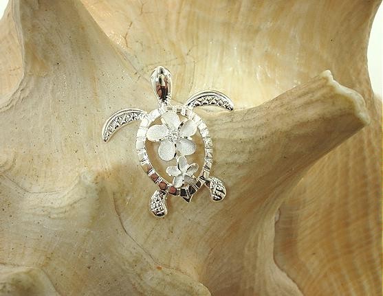 21.5MM SOLID 925 STERLING SILVER HAWAIIAN HONU SEA TURTLE PLUMERIA CZ PENDANT