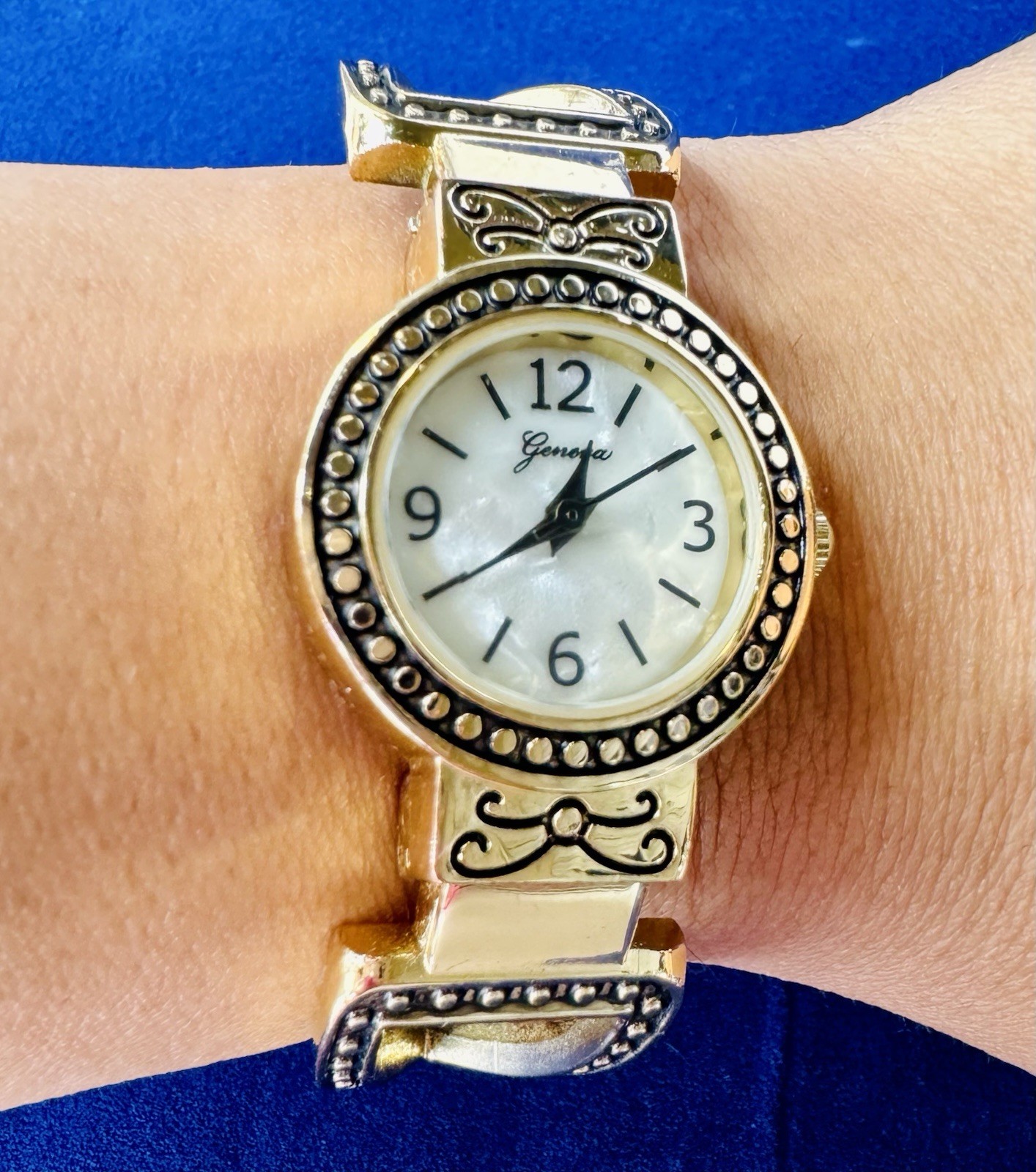 VTG Geneva Gold Tone Victorian Revival Cuff Bracelet Watch Fresh Battery Runs