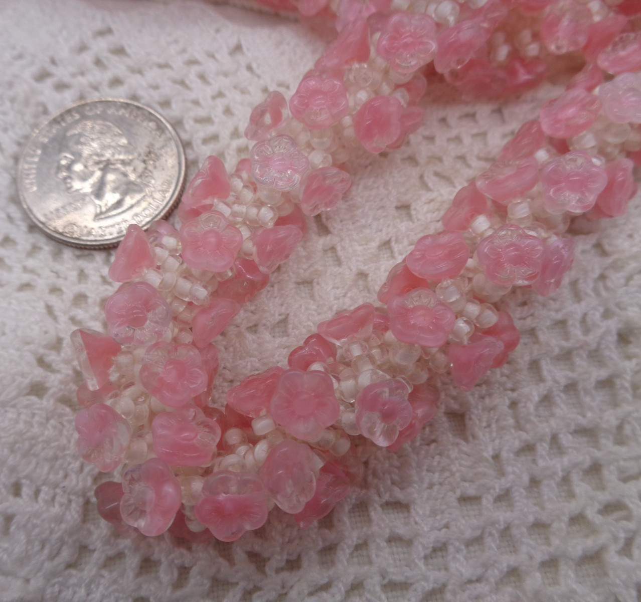 Vintage WESTERN GERMANY Pink MOLDED GLASS Flower Bead NECKLACE