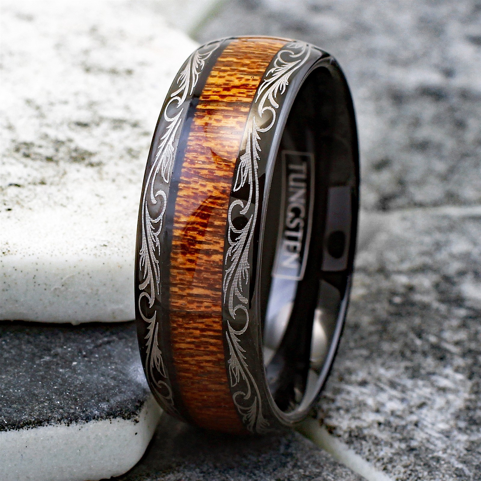 Men’s Tungsten Ring 8mm Black w/ Wood Grain Leaf Edge Wedding Band