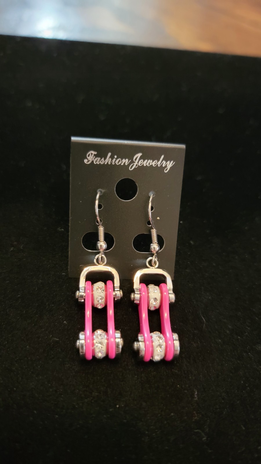 Women’s Stainless Steel Set Chrome / Pink Bling Motorcycle Bracelet & Earrings.
