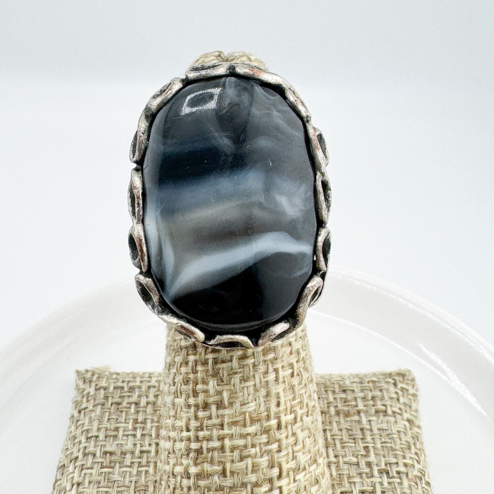 Vintage Black Gray White Agate Statement Ring Timeless Unique Southwestern